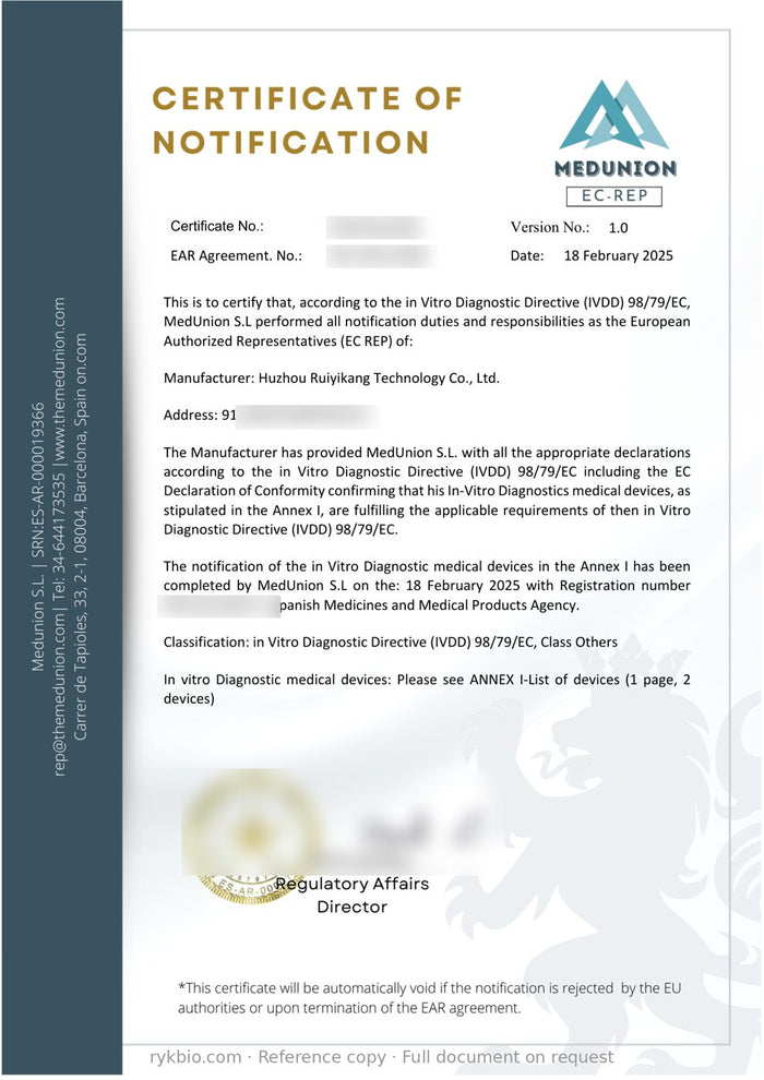 EU Authorized Representative certificate of notification (reference copy)